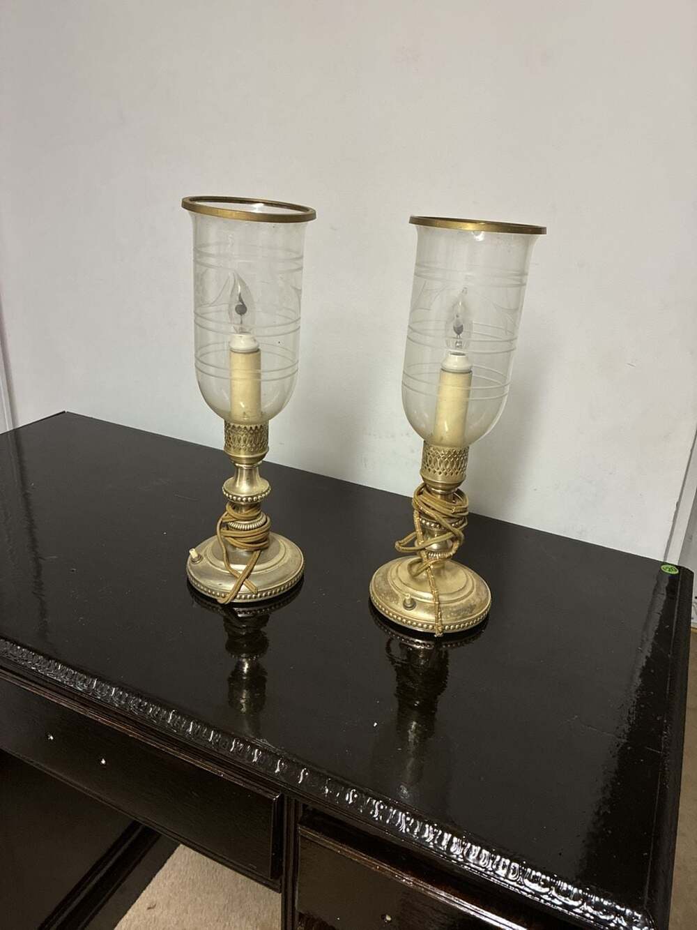 Vintage Pair of Neoclassical Style Brass and Etched Glass Hurricane Candlestick